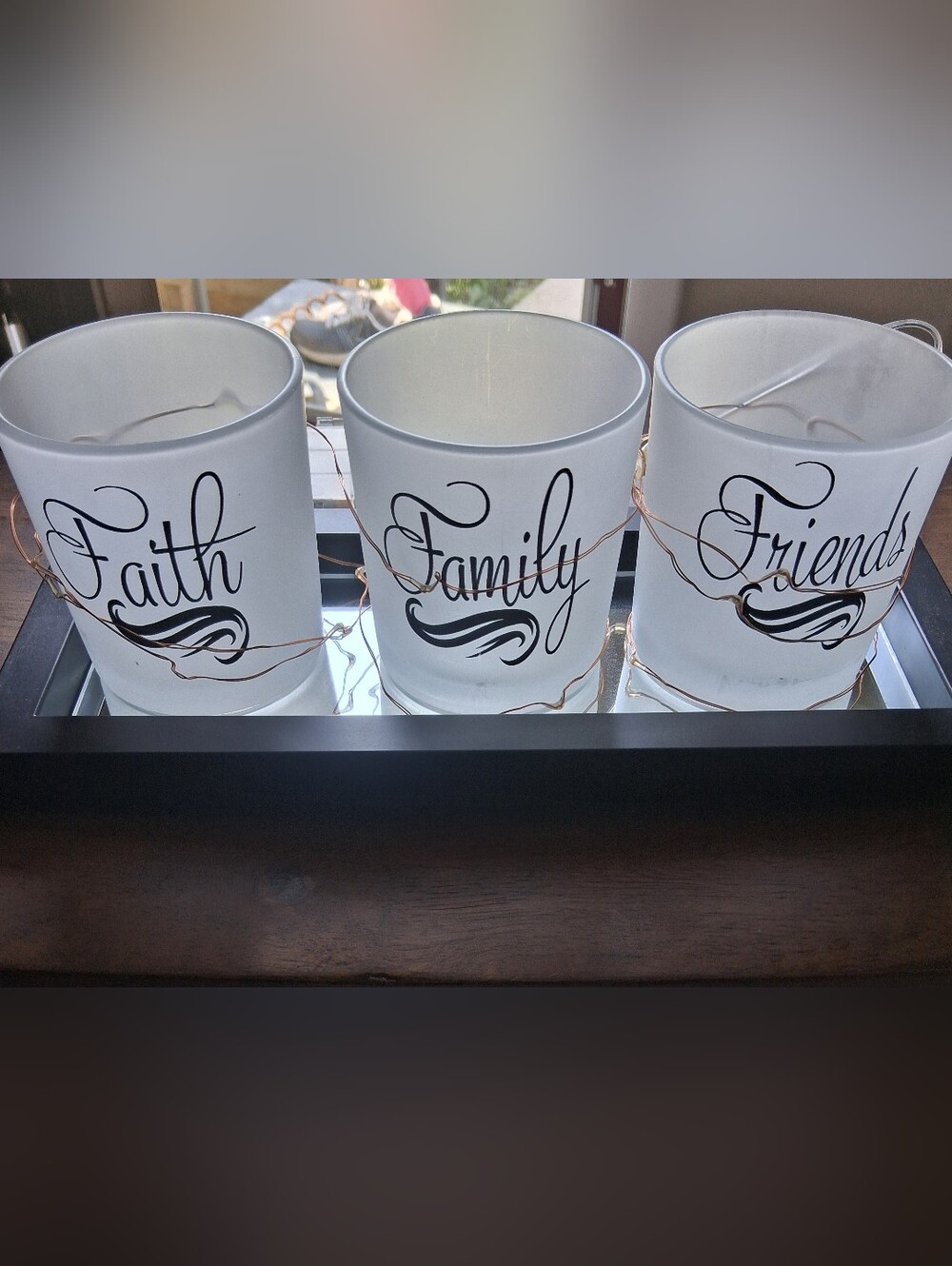 Faith Family Friends Frosted Glass Candle Holders - White with Black Script